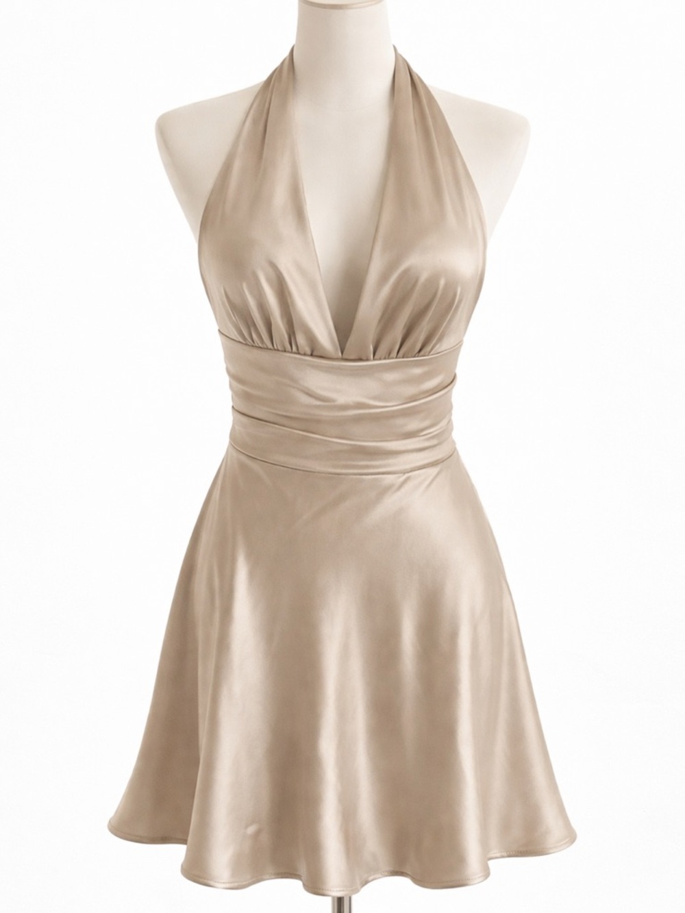 Zara Satin Halter Mini Dress in Champagne-Beige